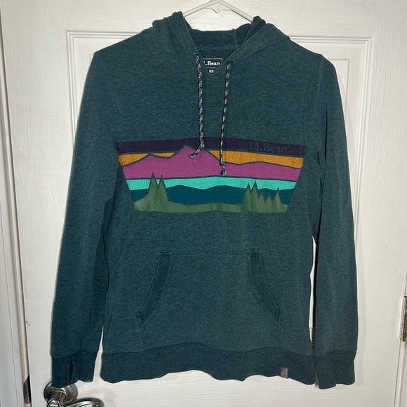 LL Bean Women's Bean's Cozy Camp Hoodie Spruce Heather Crossbars Size XS Teal - Picture 2 of 13